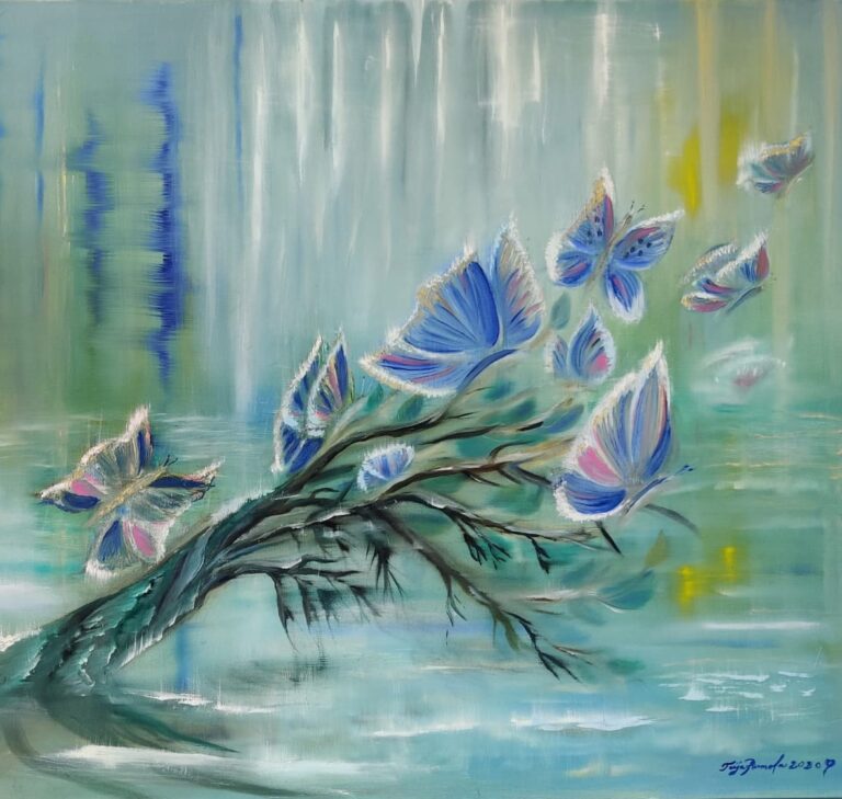 Perhosten tanssi sateessa (100 x 80x5)