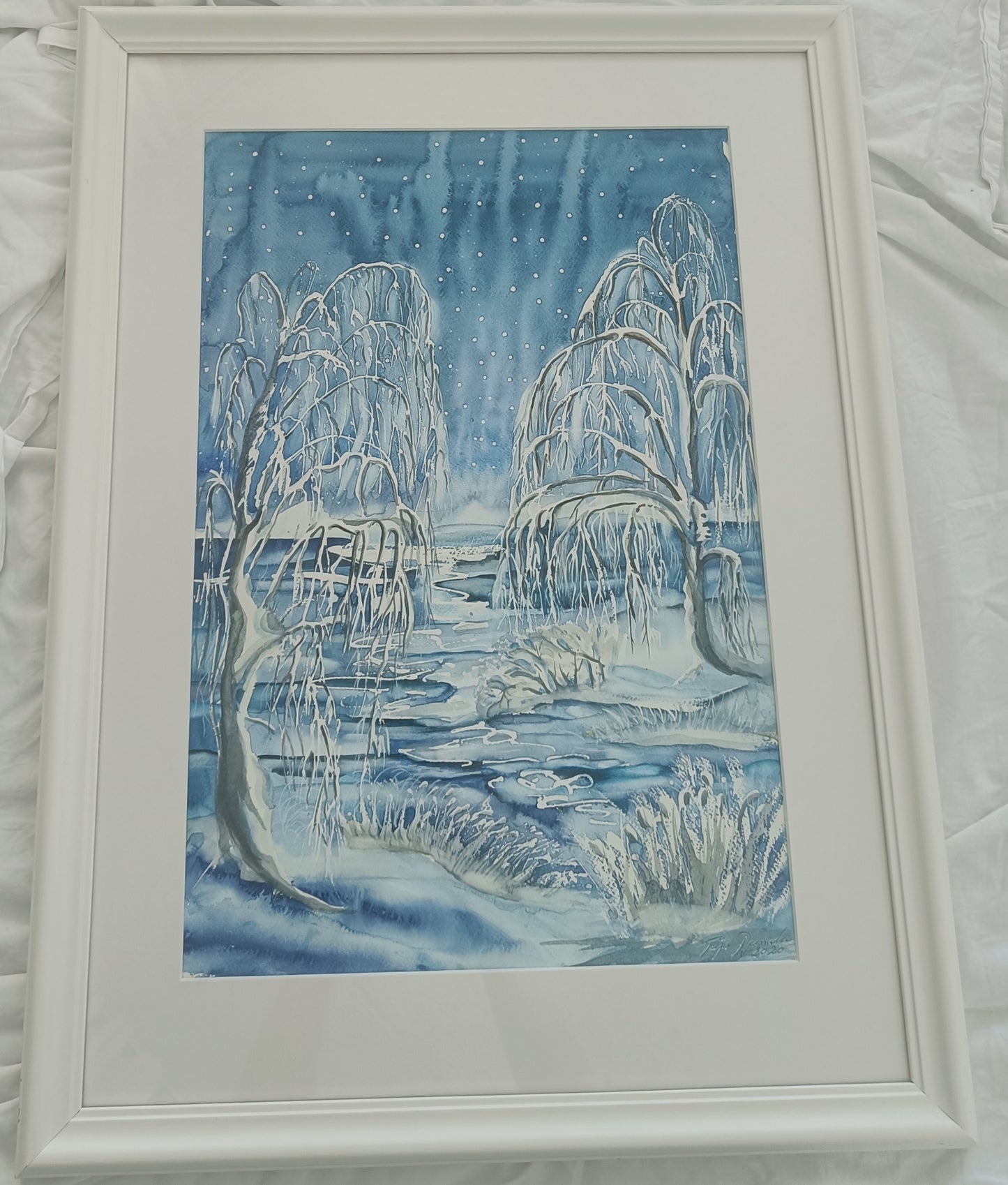 Talviyö joella (30x45) Kehystetty