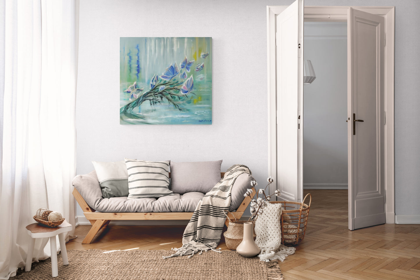 Perhosten tanssi sateessa (100 x 80x5)