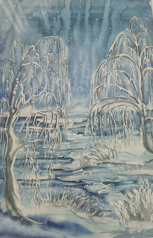 Talviyö joella (30x45) Kehystetty