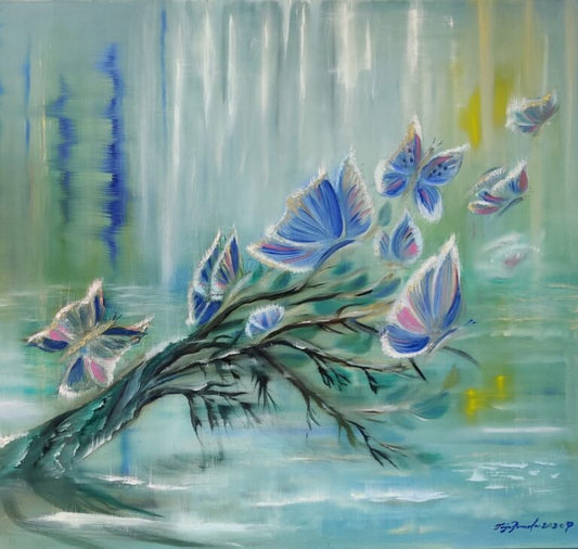 Perhosten tanssi sateessa (100 x 80x5)