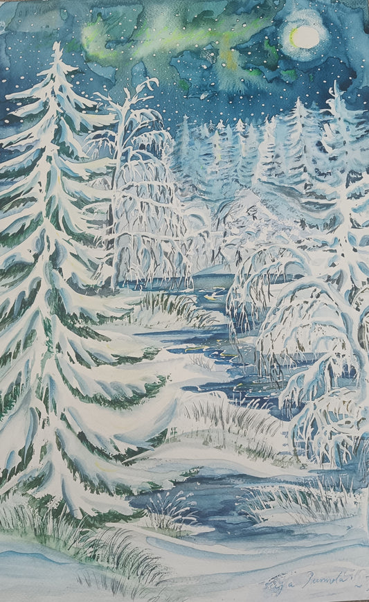 Revontulet talviyöllä (38x55)